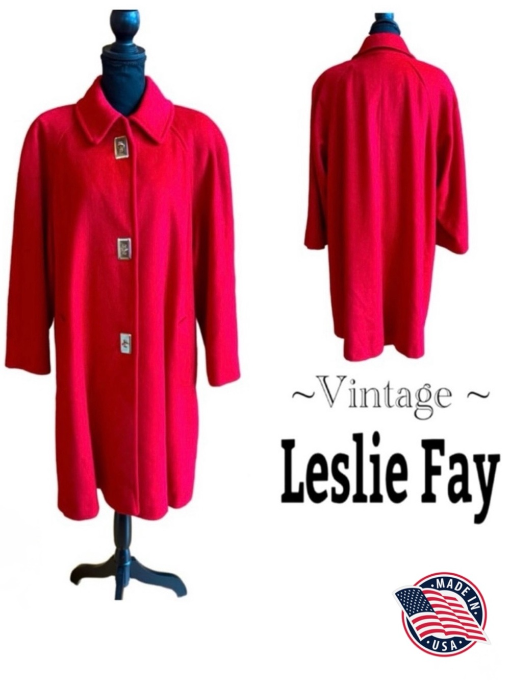 Vintage Mob Wife Jackie O Leslie Fay Swing Coat Wool Blend ‘50s ‘60s USA (L~XL)